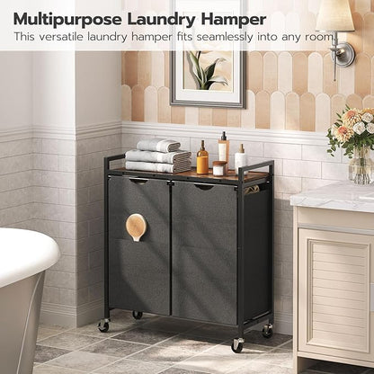 HOOBRO Laundry Hamper, Laundry Sorter 2 Section, 2 × 13 Gal (49.5L), Laundry Basket with Wheels, Rolling Cart, Pull-Out and Removable Oxford Fabric Bags, Rustic Brown and Black BF72XY01