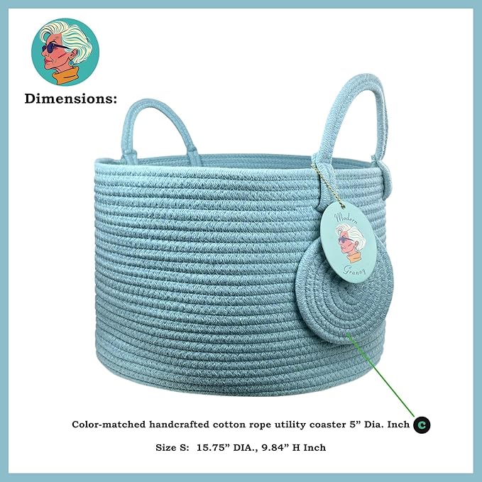Modern Granny Small Cotton Rope Laundry Basket 16x10 Inch Dual Secure Woven Handle for Living Room Closet Clothes Blanket Organization