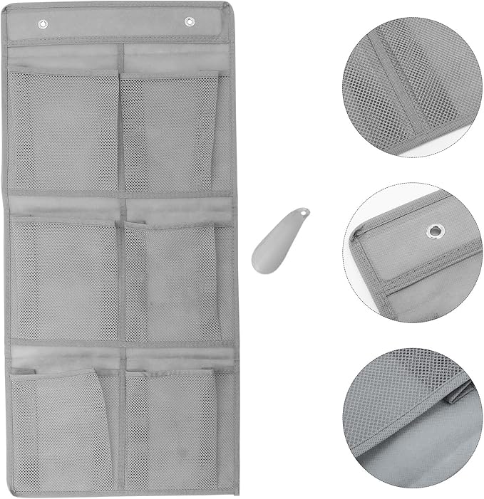 Lurrose Wall Mounted Shoe Organizer Rack with 6 Mesh Pockets, Hanging over Door Storage for Sneakers and Boots, Includes Shoe Horn, Space-saving Entryway and Closet Organizer, 2pcs Set