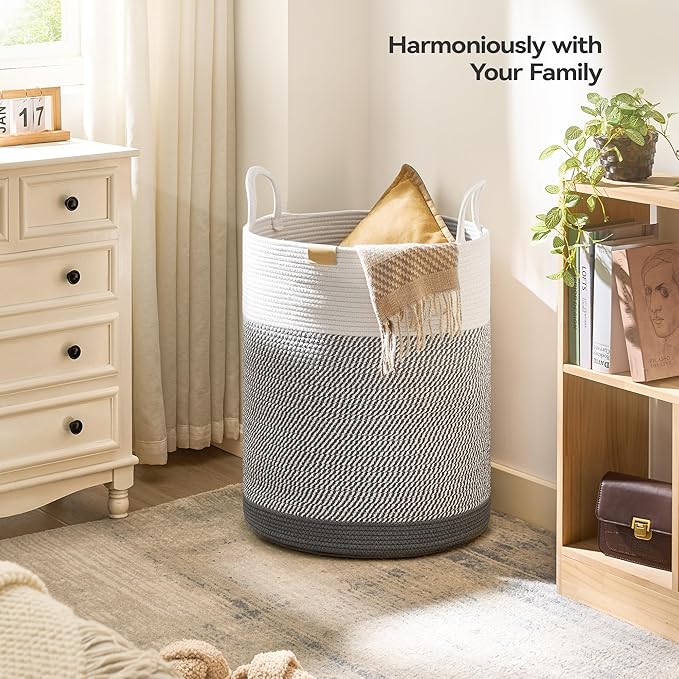 Nunsino Laundry Hamper 95L,Large Laundry Basket for Clothes,Decorative Storage Basket for Blankets,Cotton Rope Woven basket for bedroom,Grey White