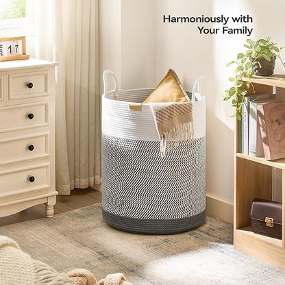 Nunsino Laundry Hamper 95L,Large Laundry Basket for Clothes,Decorative Storage Basket for Blankets,Cotton Rope Woven basket for bedroom,Grey White