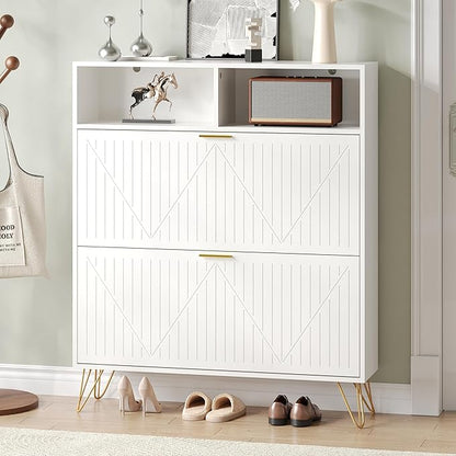 Fluted Shoe Cabinet Storage for Entryway, 39'' Large White Shoe Organizer with 2 Flip Drawers & Open Shelf, Freestanding Hidden Shoe Storage Cabinet