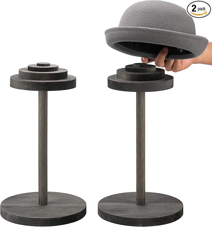 MyGift 2 Pcs Hat Holder Stand, Cowboy Hat Rack, Baseball Cap Organizer Storage, Wig Helmet Display Stand for Home, Salon, Entryway or Retail, Vintage Gray Solid Wood with Stacked Circular Discs Dome