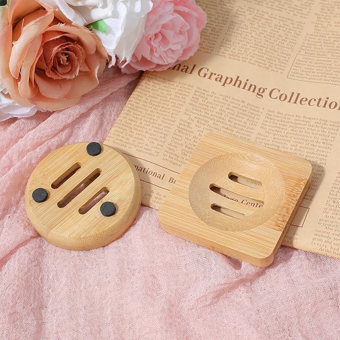 Ymapinc 2-Pack Natural Bamboo Soap Holder, Round+Square Bamboo Soap Dish & Shower Steamer Holder, Wood Tray for Home Shower Bathroom