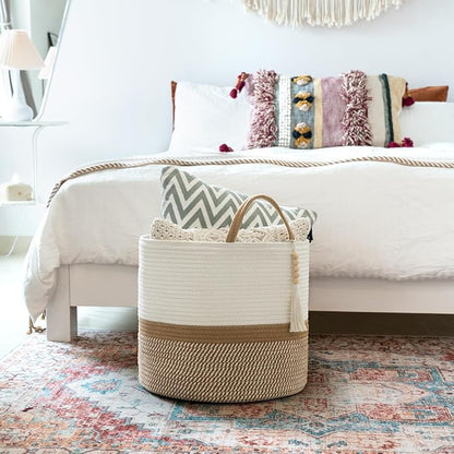 Mkono Woven Storage Basket Decorative Natural Rope Basket Wooden Bead Decoration for Blankets,Toys,Clothes,Shoes,Plant Organizer Bin with Handles Living Room Home Decor, 16"W×13.8"L, White and Brown