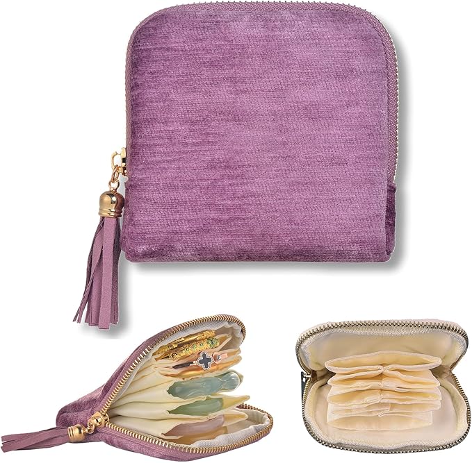 Vintage women's coin wallet jewelry storage bag, metal zipper multi-layer travel storage box, earrings, rings, necklaces, elegant storage bag, neutral Christmas and birthday gifts (violet)