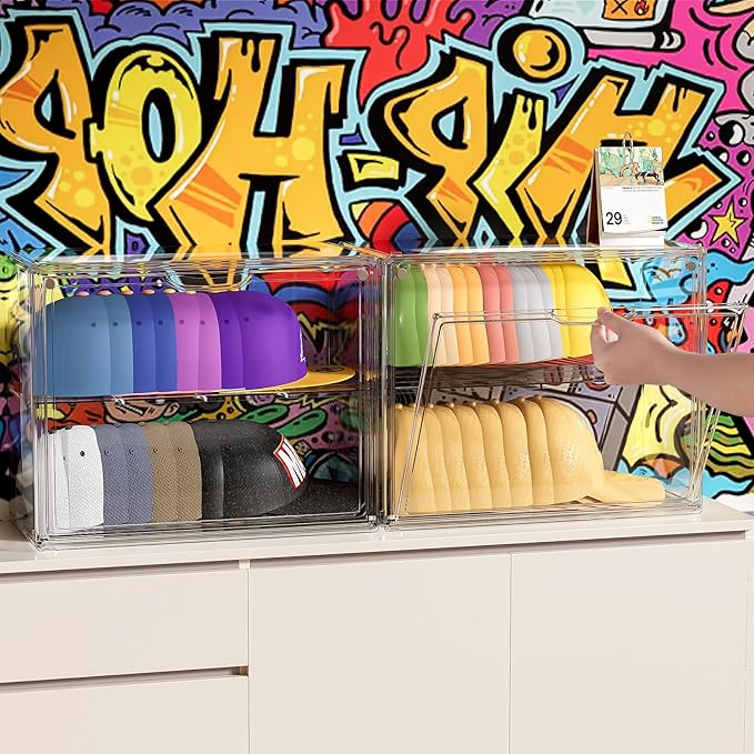 Clear Hat Box Storage, Baseball Cap Organizer for Baseball Caps, Hat Acrylic Display Case with Removable Compartment, Plastic Stackable Hats Holder Organizer Box with Magnetic Lid, 1 Pack