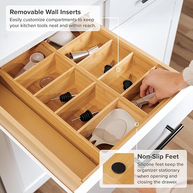 KitchenEdge Premium Kitchen Utensils and Junk Drawer Organizer – Small 5-Compartment Design with 4 Removable Dividers, Non-Slip Feet, 100% Sustainable Bamboo