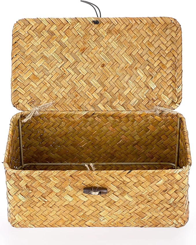 Hipiwe Wicker Shelf Baskets Bin with Lid, Handwoven Seagrass Basket Storage Bins Rectangular Household Basket Boxes for Shelf Wardrobe Home Organizer, Caramel X-Small