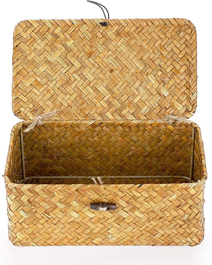 Hipiwe Wicker Shelf Baskets Bin with Lid, Handwoven Seagrass Basket Storage Bins Rectangular Household Basket Boxes for Shelf Wardrobe Home Organizer, Caramel X-Small