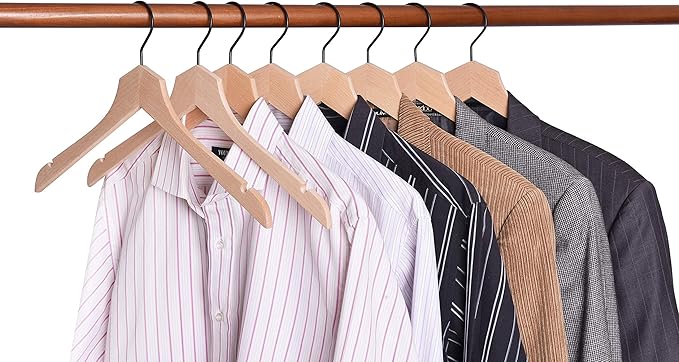 Amber Home 24 Pack Stylish Thin Solid Wooden Shirt Dress Hangers, Sturdy Natural Slim Wood Coat Jacket Hangers with Non-Lacquer Smooth Surface, Extra Space Saving Clothes Hangers (Natural, 24)