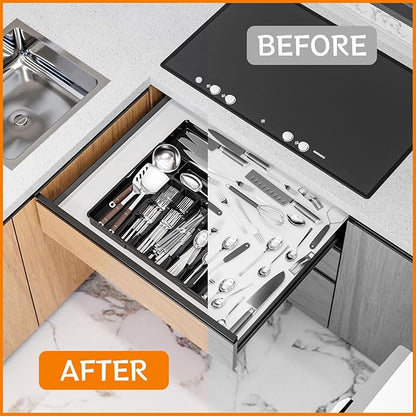 Expandable Silverware Organizers for Kitchen Drawers,Large BPA Free Cutlery Organizer in Drawer,Plastic Utensil Drawer Organizer Suitable as Flatware,Knife,Fork,Spoon,Silverware Holder and Tray,Black