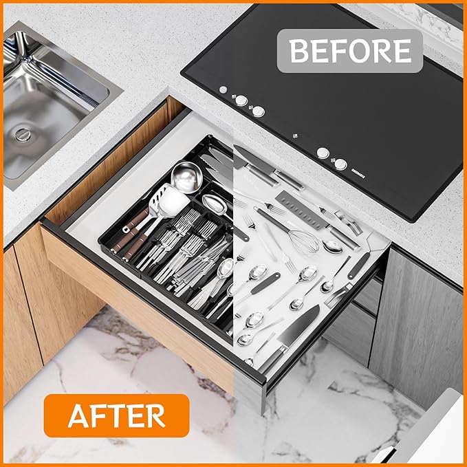 Yieach Black Expandable Silverware Drawer Organizer - Adjust From 11'' to 22'' - Knife,Cutlery,Spoons and Forks Organizer,Large 8 Grid Flatware,Silverware Tray,Utensil Organizer for Kitchen Drawers