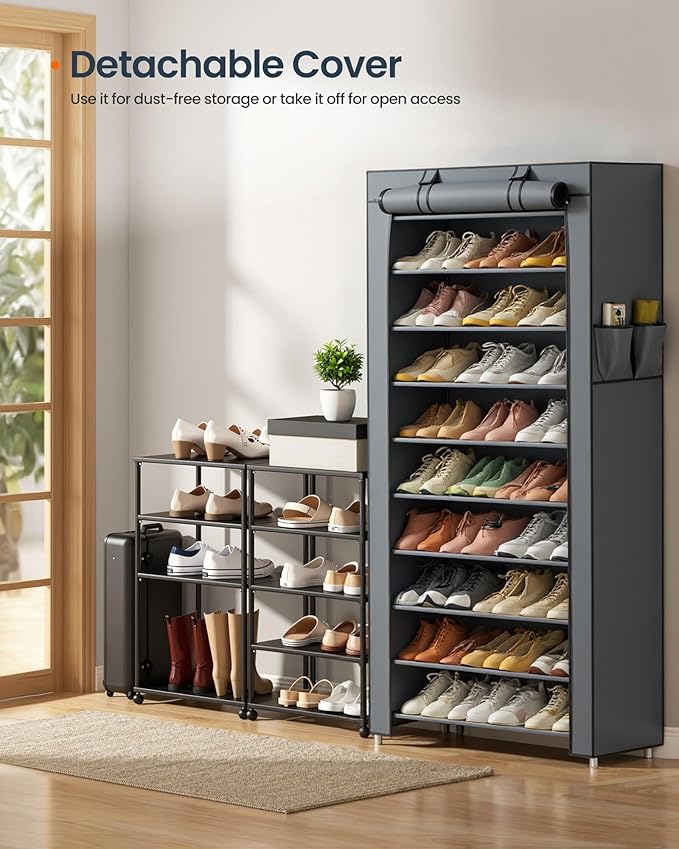 SONGMICS HOME Shoe Rack 10-Tier, Tall Narrow Metal Shoe Organizer with Dust Cover, 11.2 x 33.3 x 63.2 Inches, Vertical Storage Cabinet for Closet Entryway, Gray