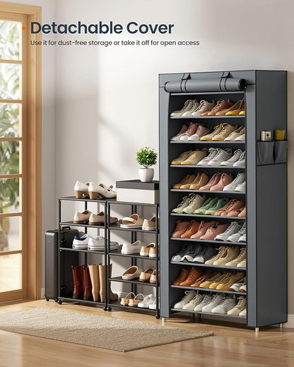 SONGMICS HOME Shoe Rack 10-Tier, Tall Narrow Metal Shoe Organizer with Dust Cover, 11.2 x 33.3 x 63.2 Inches, Vertical Storage Cabinet for Closet Entryway, Gray