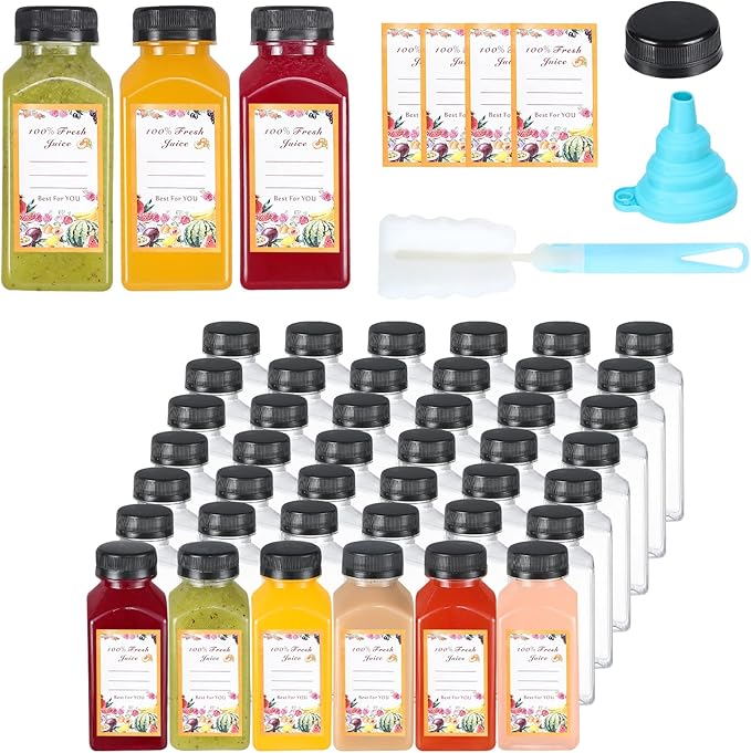 Dabacc Juice Bottles, 45Pcs 8oz Plastic Juice Bottles with Caps Airtight Reusable Clear Empty Water Containers Includes Label Funnel Brush for Juicing Drinking Beverage Smoothies Fridge (8oz)