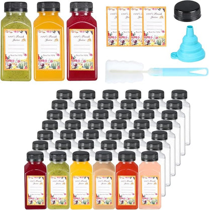 Dabacc Juice Bottles, 45Pcs 8oz Plastic Juice Bottles with Caps Airtight Reusable Clear Empty Water Containers Includes Label Funnel Brush for Juicing Drinking Beverage Smoothies Fridge (8oz)