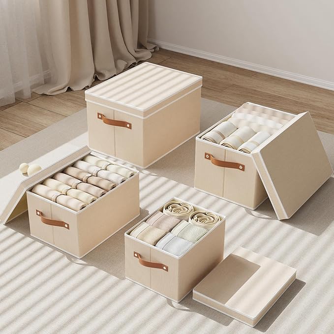 Fabric Storage Boxes with Lids, 10.2×7.8×6.7 Inch Clothes Bins for Shelves, Closet Organizers for Organizing with Handles, Beige, 3-Pack