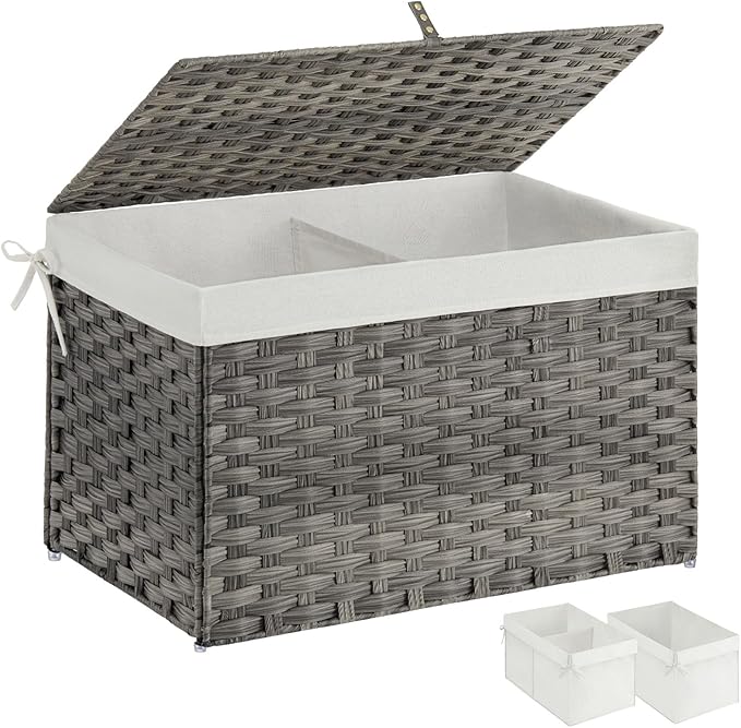 Greenstell Storage Basket with Lid, 105L Large Wicker Basket with Lid, Handwoven Blanket Storage Basket with Handles, Removable Cotton Liner, Metal Frame, Foldable for Bedroom, Laundry Room, Grey