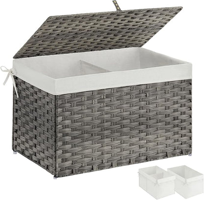 Greenstell Storage Basket with Lid, 105L Large Wicker Basket with Lid, Handwoven Blanket Storage Basket with Handles, Removable Cotton Liner, Metal Frame, Foldable for Bedroom, Laundry Room, Grey