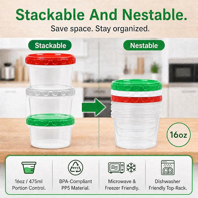 EONJOE 16 oz Plastic Freezer Containers with Lids 2 Cup Food Storage Container BPA Free Stackable Airtight Dishwasher Safe,12 Pack