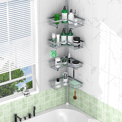 DAOYA Corner Shower Caddy Tension Pole, 4-Tier Rustproof Adjustable Bathroom Organizer for Renters, 25–114.2 Inch for Bathtub Shampoo Storage, Light Gray