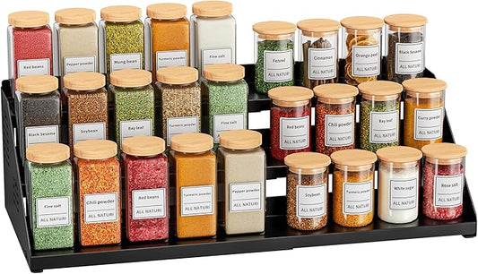BOIVSHI Spice Organizer, Spice Rack for Expandable 3-Tier, Spice Organization for Cabinet Expandable Width and Adjustable Height, Seasoning Organizer for Cabinet, Countertop, Pantry, Black