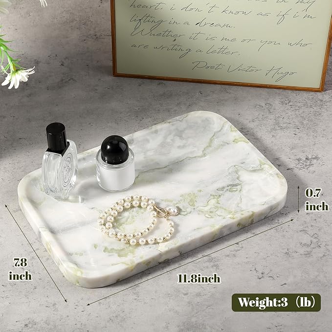 Karibiber Luxury Marble Vanity Tray, Bathroom Tray Countertop, Bianco Marble/Stone, Home Decorative Dresser Organizer, Storage for Kitchen Sink, Perfume Jewelry Holder(Green&White)