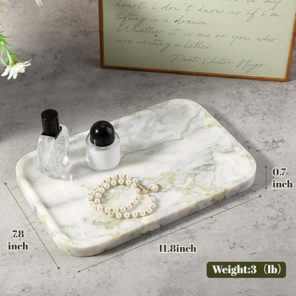 Karibiber Luxury Marble Vanity Tray, Bathroom Tray Countertop, Bianco Marble/Stone, Home Decorative Dresser Organizer, Storage for Kitchen Sink, Perfume Jewelry Holder(Green&White)