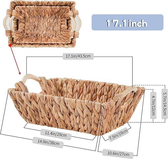 Handcrafted Water Hyacinth Basket with Wooden Handles, Wicker Shelf Basket for Storage and Organizing, Rectangular, 1 Pack, Large Size