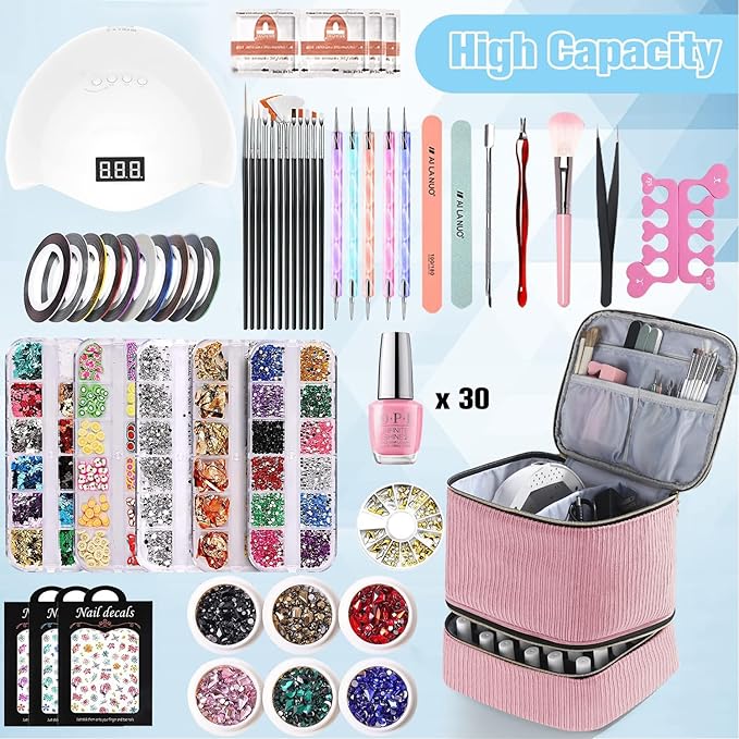 Corduroy Nail Polish Organizer and Nail Lamp Case, Nail Kit Organizer Holds 30 Bottles (15ml - 0.5 fl.oz) and a Nail Lamp, Nail Polish Carrying Case with Manicure Tools Storage Sections (Pink)