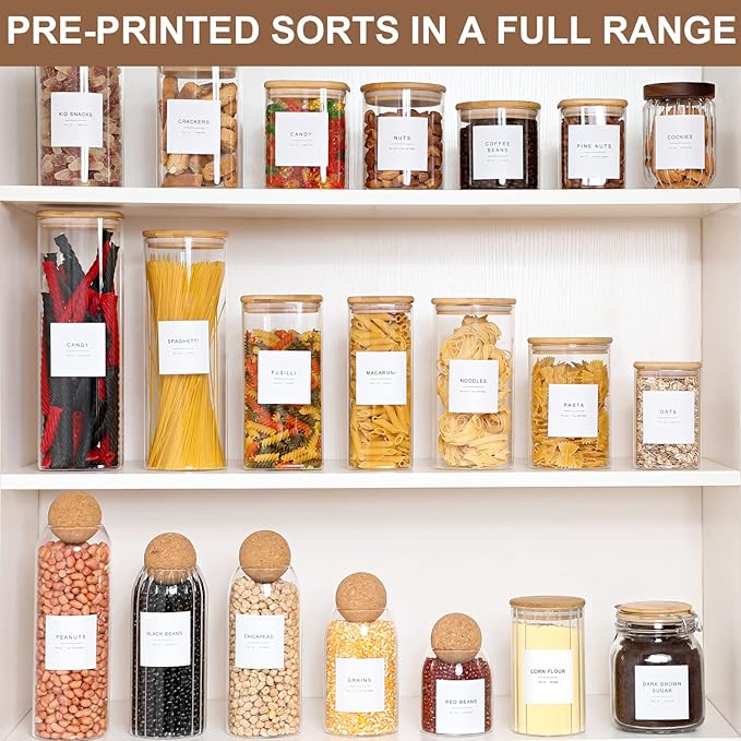 308 Kitchen Pantry Labels for Food Containers, 3 Sizes White Minimalist Labels for Organizing, Food Label for Jars, Storage Bins, Preprinted Waterproof Pantry Label for Containers