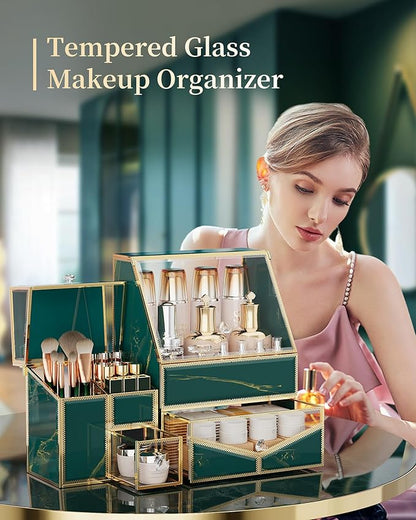 Youdepot Glass Makeup Organizer for Vanity and Bathroom Countertop – Large Cosmetic Display Case and Skincare Storage Solution