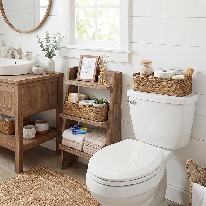 StorageWorks Toilet Paper Baskets for Shelves, 3-Section Wicker Baskets Storage, Back of Toilet Basket for Tank Topper, Counter, Pantry, Living Room Decor, 2 Pack Seagrass Basket