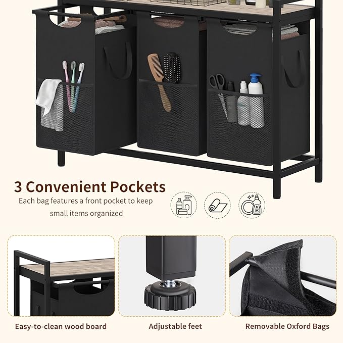 Heybly Laundry Hampers, 3 × 15 Gal (171 L) Laundry Basket with Large Desktop Sorter for Laundry Room organization, Bathroom and Dorm Laundry Bags on Storage Shelf Greige HLH003SG