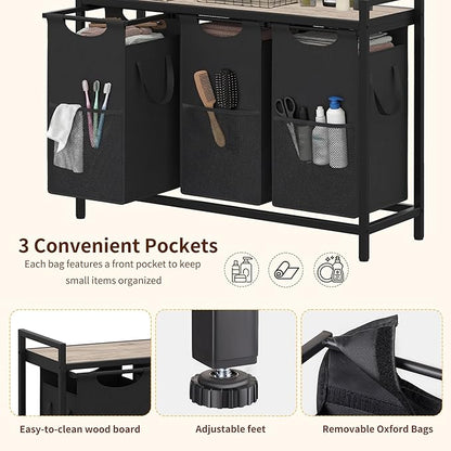 Heybly Laundry Hampers, 3 × 15 Gal (171 L) Laundry Basket with Large Desktop Sorter for Laundry Room organization, Bathroom and Dorm Laundry Bags on Storage Shelf Greige HLH003SG
