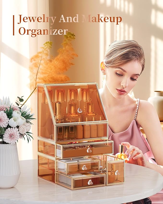 Youdepot Extra Large Makeup Organizer, Glass Cosmetic Storage with Drawers, Stackable Makeup and Jewelry Organizer for Vanity Table, Bathroom Countertop, Skincare, Lipsticks, Perfume, Brushes