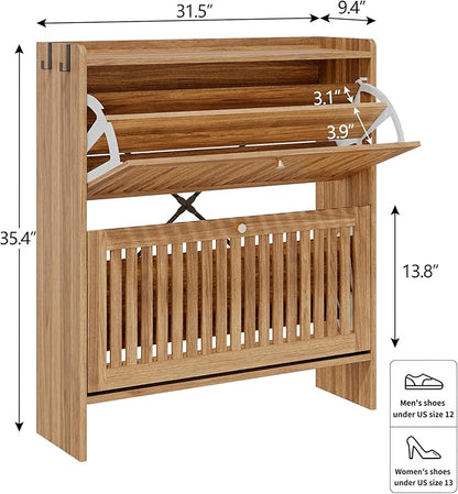 wanan 31.5" Modern Slatted Shoe Cabinet with 2 Flip Drawers, Adjustable & Removable Panels, Safety Guard Rail Top, Wide Shoe Storage Cabinet for Entryway (Light Oak)