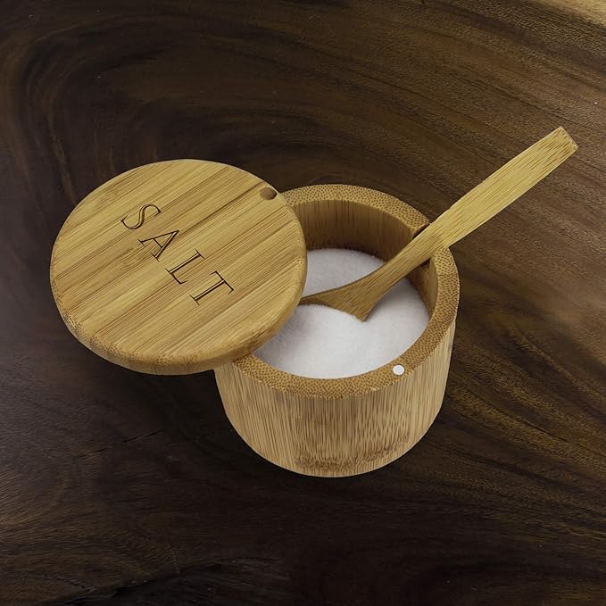 Totally Bamboo Salt Cellar Bamboo Storage Box with Magnetic Swivel Lid, 6 Ounce Capacity, Engraving on Lid, Includes Salt Spoon