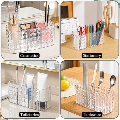 2 Pcs Makeup Brush Holder for Vanity Acrylic Makeup Brush Organizer 3 Compartment Cosmetic Organizer Clear Vanity Organizers for Brushes Pencils Pens Bathroom Living Room Desk