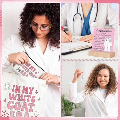 Gerrii 6 Pcs White Coat Ceremony Gifts for Women Medical Student Include First White Coat Hanger Mugs Pink Tote Bag Makeup Bag Keychain Ceremony Sign for Med School Pharmacist New Doctor