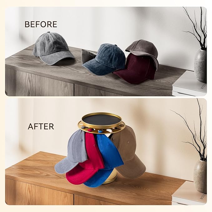 kondyfayo 360° Rotating Hat Organizer for Baseball Caps, Stainless Steel Hat Rack Holder with Top Storage Tray for Small Essentials, Ball Cap Storage Organizer for Closet, Entryway, Display (Gold)