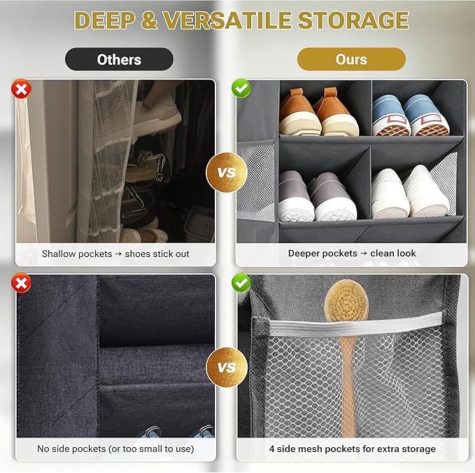 HOMELUX THEORY 6 Tiers Over The Door Shoe Organizer - 100D Extra Thick Deep Pockets Shoe Rack for Closet, 4 Side Pockets Shoe Rack for Entryway & Hanging Shoe Organizer for Closet (V1, Blue)