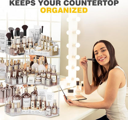 Asayuee 3-Tier Corner Bathroom Counter Organizer with Top Toothbrush Holders,Large Makeup Organizer Countertop with Brush Holder,Skincare Organizers Corner,Exquisite Vanity Organizer (Clear, 3 Tier)