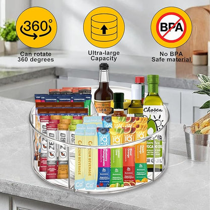Clear Acrylic Drink Packet Organizer 11.7" x 11.7" x 4.5", 360° Rotating Carousel Lazy Susan Storage Bins Turntable 5-Compartment Dividers for Kitchen Fridge Pantry Powdered Drinks Water Snacks