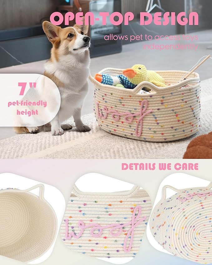 Sea Team Dog Toy Basket with Handles, 16.5 x 11 x 7 Inches, 4.4 Gallons Large Cotton Rope Storage Bin, Box, Shelf Organizer for Pet Chew Toys, Foods, Rainbow Woof