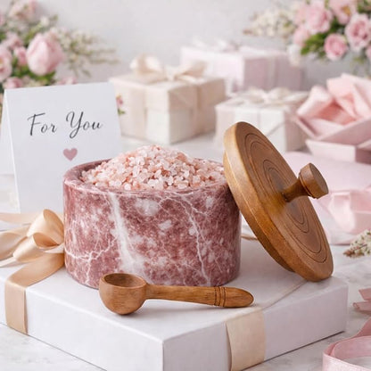 Marble salt cellar with lid and spoon, salt container with spoon, salt bowl with acacia wood lid, salt holder for countertop, salt jar - Red