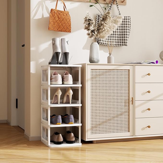 SEE SPRING 5-Tier Stackable Shoe Rack Organizer – Plastic Shoe Storage Shelf for Entryway, Closet, Bedroom – Holds Size 13 Shoes, Space-Saving & Sturdy (White)