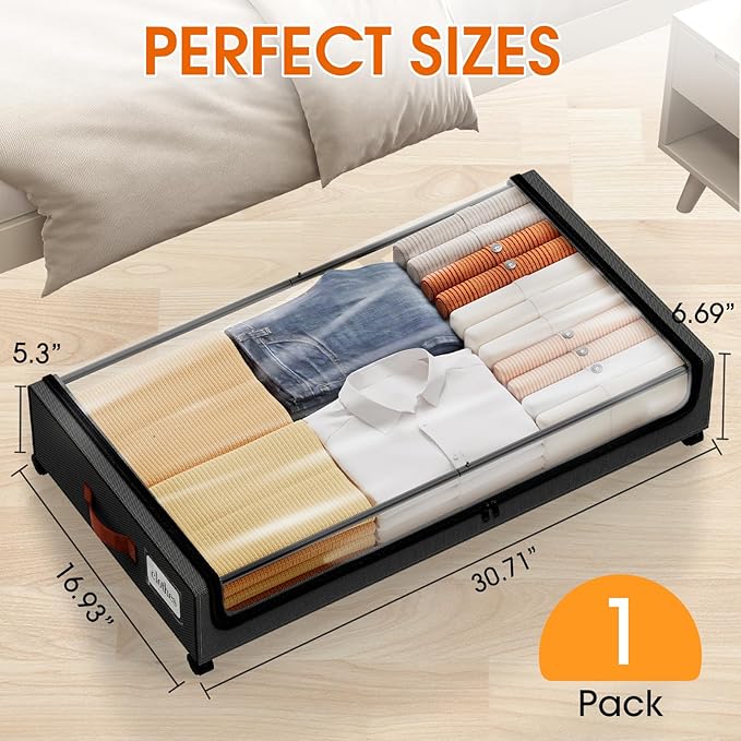 SpaceHacks Under Bed Storage with Wheels 1Pack Storage Containers with Clear Window&Label Under Bed Drawers Rolling Under Bed Storage for Clothes,Shoes, Blankets (30.71 x 16.93 x 6.69 in, Black)