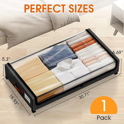 SpaceHacks Under Bed Storage with Wheels 1Pack Storage Containers with Clear Window&Label Under Bed Drawers Rolling Under Bed Storage for Clothes,Shoes, Blankets (30.71 x 16.93 x 6.69 in, Black)